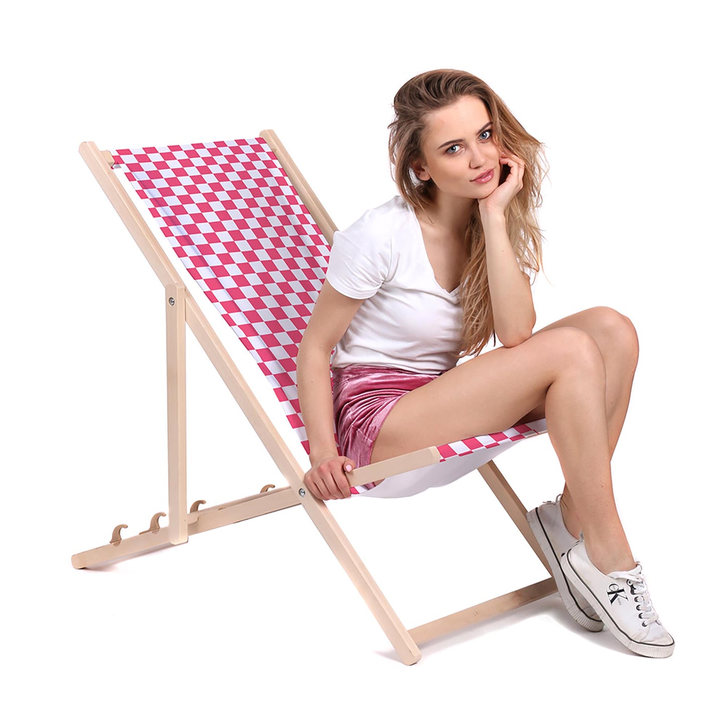 Holz Liegestuhl Checkered Pink