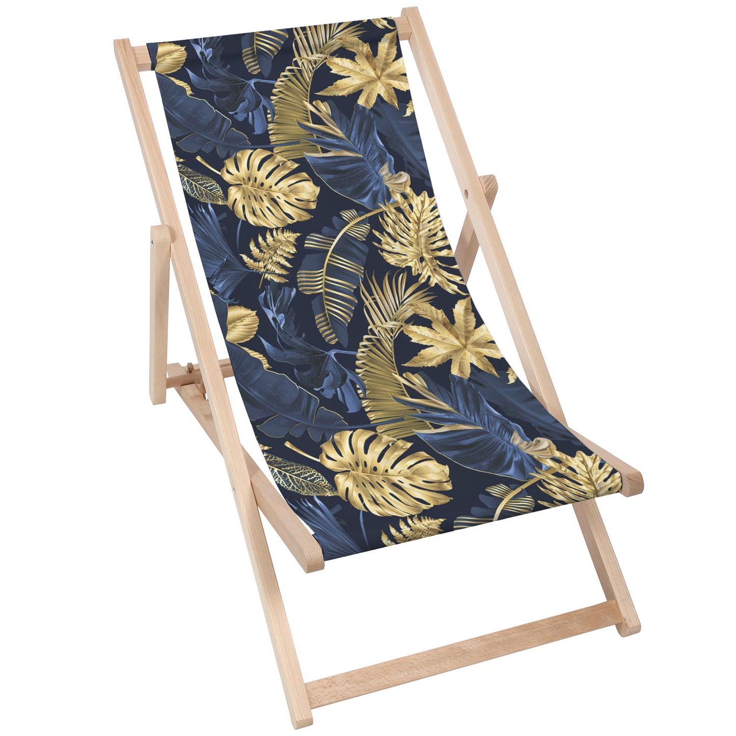Holz Liegestuhl Monstera Gold Navy Blue