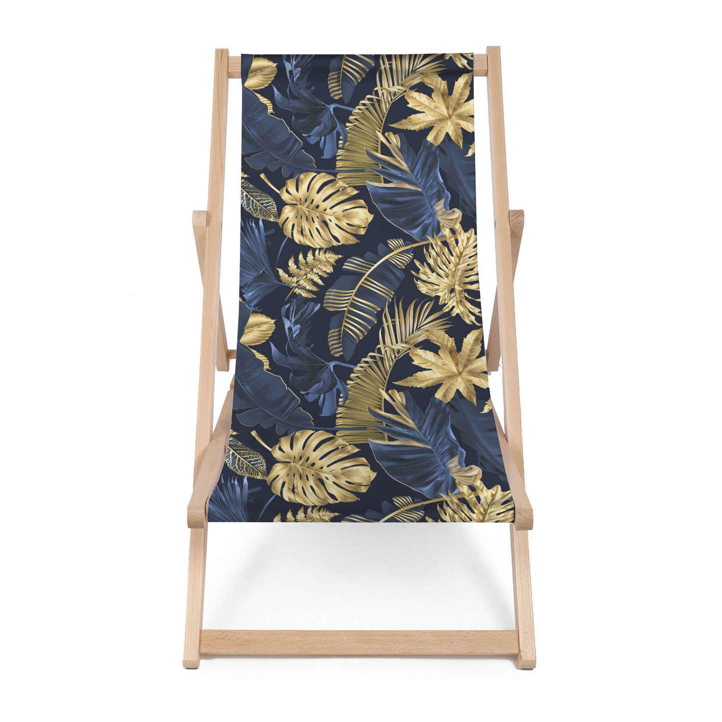 Holz Liegestuhl Monstera Gold Navy Blue