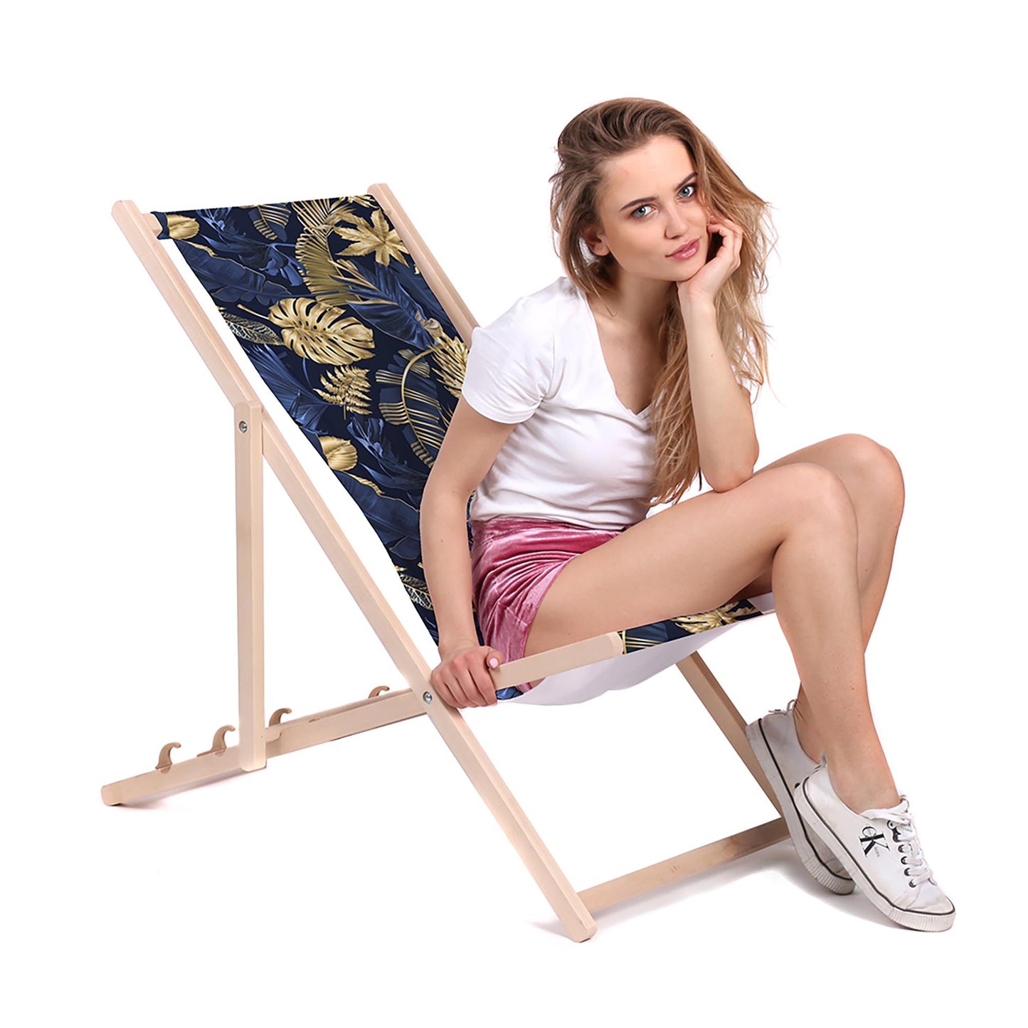 Holz Liegestuhl Monstera Gold Navy Blue